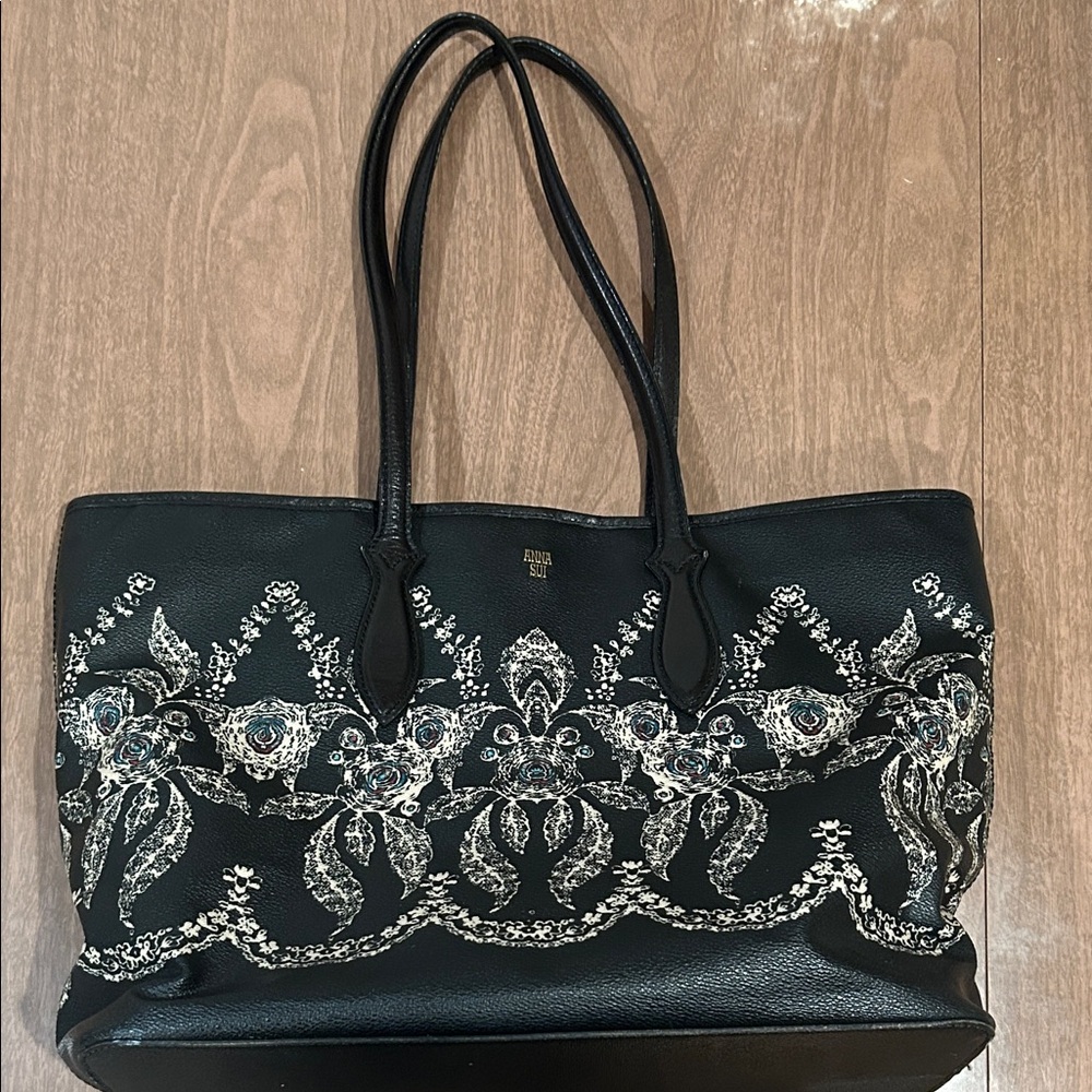 Anna Sui Black Tote with Silver Embroidery